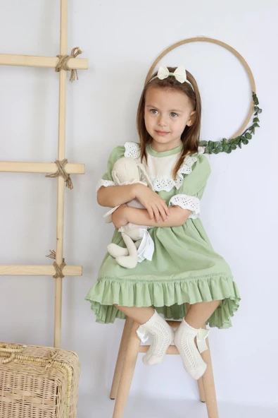 Kız Bebek Ruby Yeşil Fırfırlı Dantel Detaylı Kısa Kollu Elbise Bandana Takım ELB-0070.7 - Resim 5