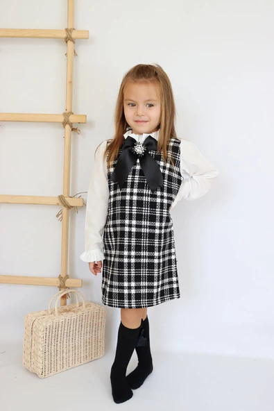 Kız Çocuk Vanessa Broş Detaylı Tüvit Siyah Uzun Kollu Yılbaşı Elbisesi ELB-0082.2 - Resim 8