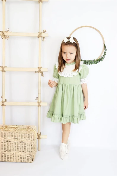 Kız Bebek Ruby Yeşil Fırfırlı Dantel Detaylı Kısa Kollu Elbise Bandana Takım ELB-0070.7 - Resim 10