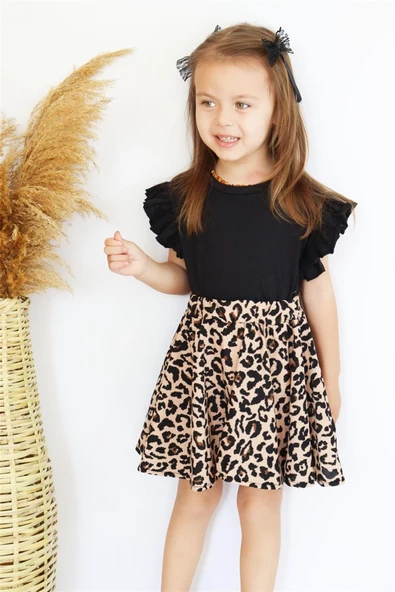 Kız Bebek Leopar Kısa Kollu Fırfırlı Elbise Toka Takım - Resim 6