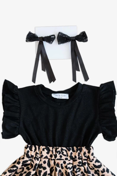 Kız Bebek Leopar Kısa Kollu Fırfırlı Elbise Toka Takım - Resim 2