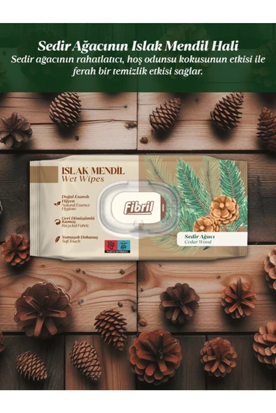 Fibril  Sedir Ağacı Kokulu Islak Mendil l3x90 Lı Paket 270 Yaprak Doğal Esans , Geri Dönüştürülebilir Kumaş - Resim 3