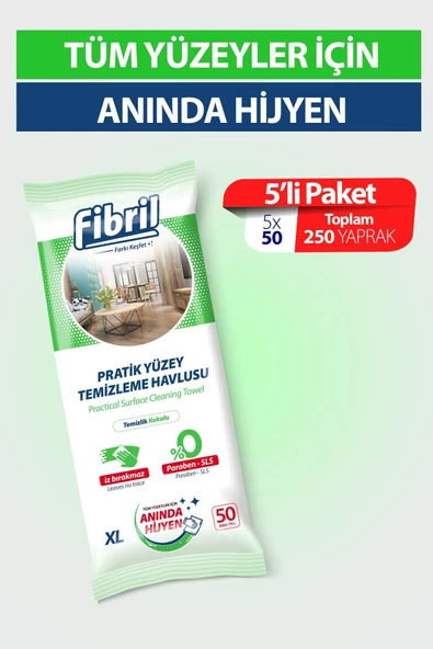 Fibril  Pratik Yüzey Temizlik Havlusu Temizlik Çam Kokulu 5 X 50 (TOPLAM 250 YAPRAK) - Resim 2
