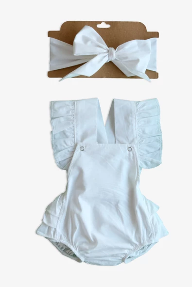 Kız Bebek Beyaz Pamuklu Salopet Bandana Takım TKM-0037 - Resim 7