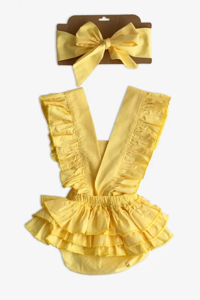 Kız Bebek Sarı Pamuklu Salopet Bandana Takım TKM-0033 - 5