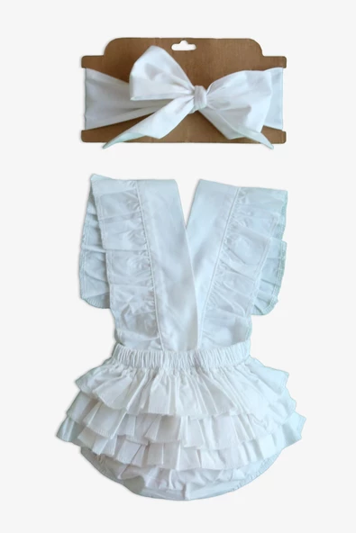Kız Bebek Beyaz Pamuklu Salopet Bandana Takım TKM-0037 - Resim 8