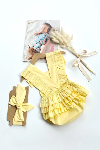 Kız Bebek Sarı Pamuklu Salopet Bandana Takım TKM-0033 - 1