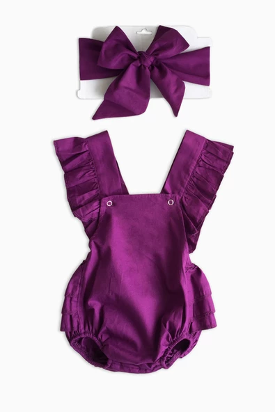 Kız Bebek Mor Pamuklu Salopet Bandana Takım TKM-0035 - Resim 3