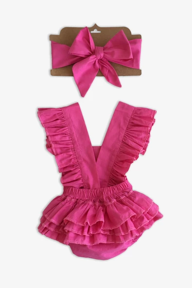 Kız Bebek Pembe Pamuklu Salopet Bandana Takım TKM-0032 - Resim 3
