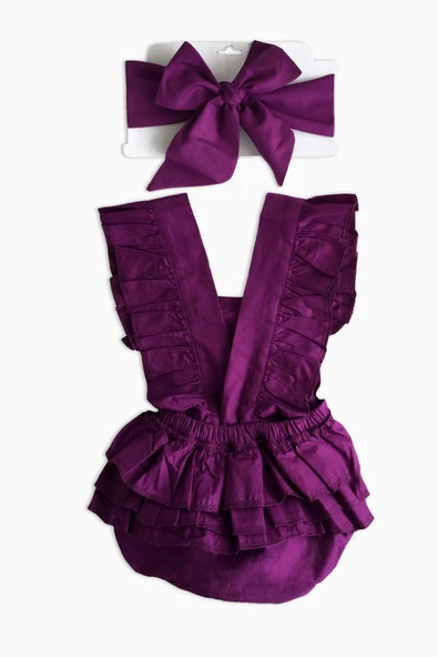 Kız Bebek Mor Pamuklu Salopet Bandana Takım TKM-0035 - Resim 4