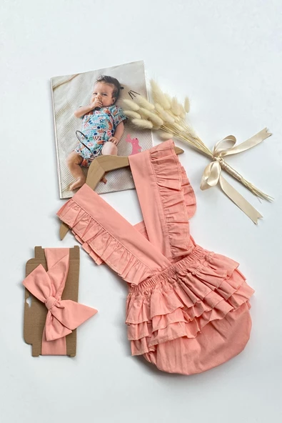 Kız Bebek Somon Pamuklu Salopet Bandana Takım TKM-0031 - 1