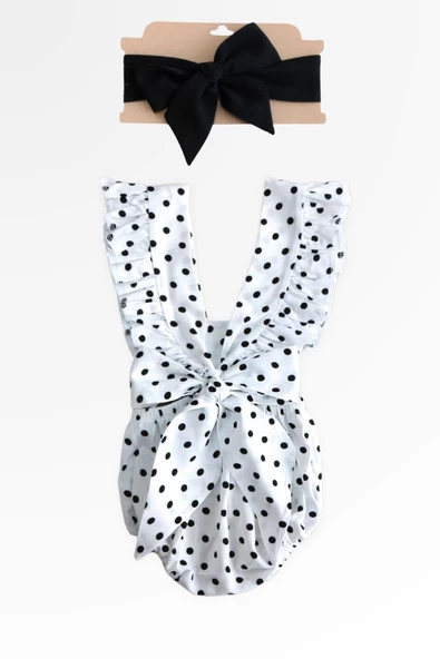 Kız Bebek Bliss Pamuklu Puantiyeli Salopet Bandana Takım - Resim 5