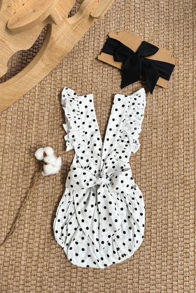 Kız Bebek Bliss Pamuklu Puantiyeli Salopet Bandana Takım - Resim 3