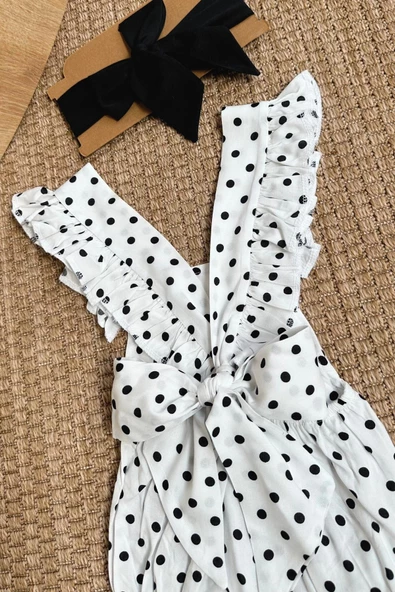 Kız Bebek Bliss Pamuklu Puantiyeli Salopet Bandana Takım - Resim 2