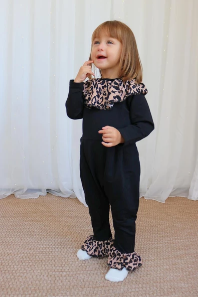 Kız Çocuk Leopar Yakalı Çıtçıt Detaylı Tulum Salopet TLM-0051 - 4