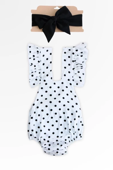 Kız Bebek Bliss Pamuklu Puantiyeli Salopet Bandana Takım - Resim 6