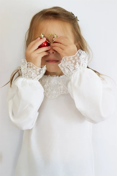 Kız Çocuk Dantel Detaylı Ekru Uzun Kollu Çıtçıtlı Bluz Gömlek Body BDY-0037.1 - 7