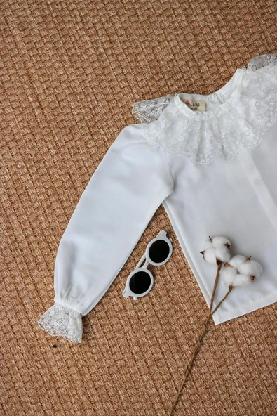 Kız Çocuk Dantel Detaylı Ekru Uzun Kollu Çıtçıtlı Bluz Gömlek Body BDY-0037.1 - 2