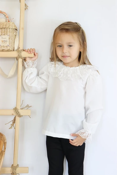 Kız Çocuk Dantel Detaylı Ekru Uzun Kollu Çıtçıtlı Bluz Gömlek Body BDY-0037.1 - 8