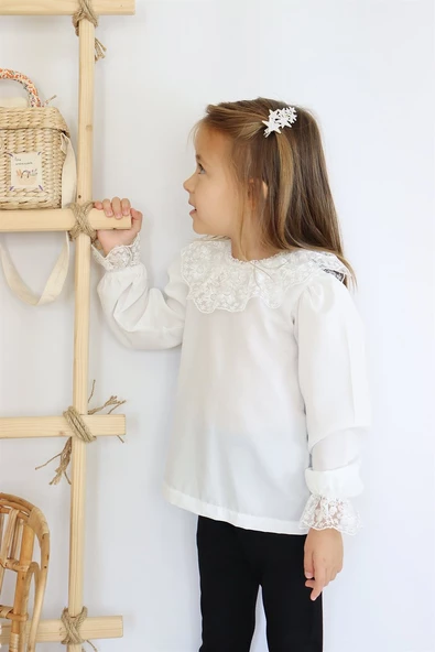Kız Çocuk Dantel Detaylı Ekru Uzun Kollu Çıtçıtlı Bluz Gömlek Body BDY-0037.1 - 5