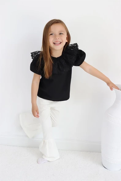 Kız Çocuk Siyah Bisiklet Yaka Dantelli Kısa Kol Abiye Bluz Gömlek BDY-0039.2 - 2