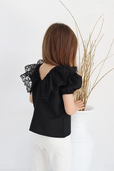 Kız Çocuk Siyah Bisiklet Yaka Dantelli Kısa Kol Abiye Bluz Gömlek BDY-0039.2 - 3