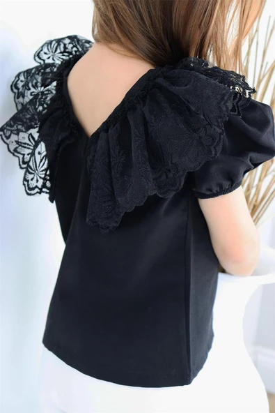 Kız Çocuk Siyah Bisiklet Yaka Dantelli Kısa Kol Abiye Bluz Gömlek BDY-0039.2 - 5