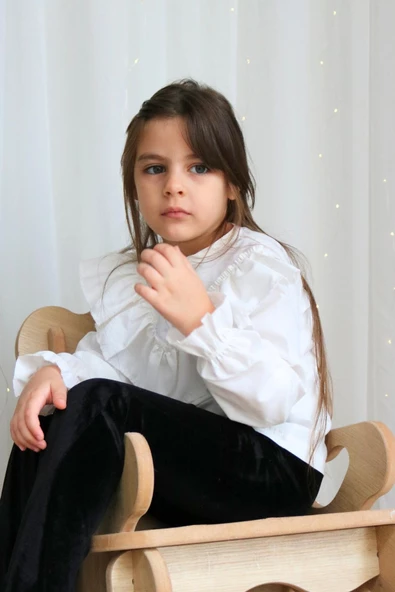 Kız Çocuk Ekru V Fırfırlı Uzun Kollu Bluz Gömlek Body - Resim 5