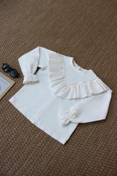 Kız Çocuk Ekru V Fırfırlı Uzun Kollu Bluz Gömlek Body - Resim 6
