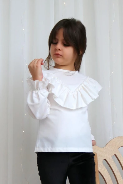 Kız Çocuk Ekru V Fırfırlı Uzun Kollu Bluz Gömlek Body - Resim 3