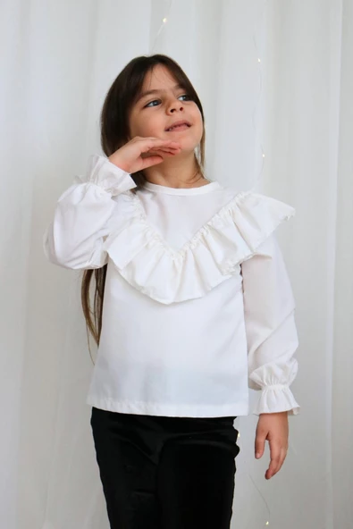 Kız Çocuk Ekru V Fırfırlı Uzun Kollu Bluz Gömlek Body - Resim 2