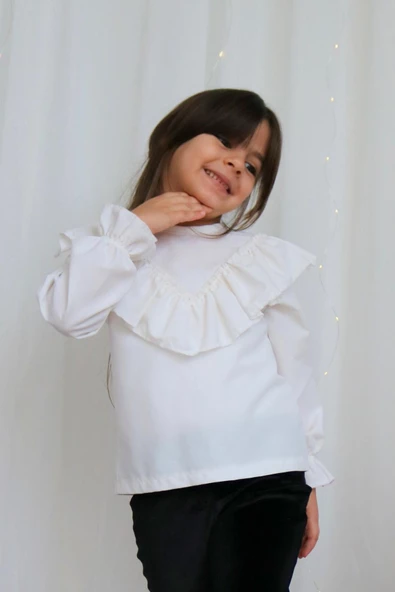 Kız Çocuk Ekru V Fırfırlı Uzun Kollu Bluz Gömlek Body ürün görseli 1