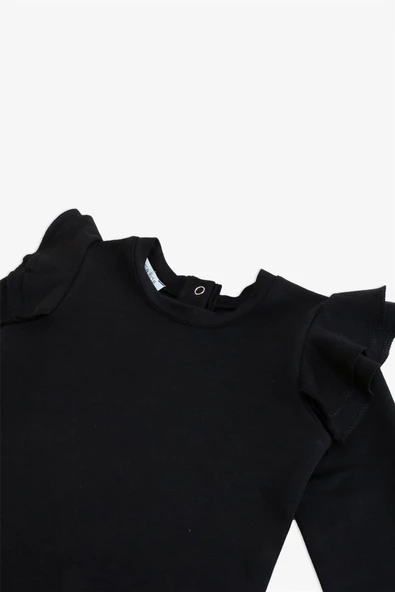 Kız Çocuk Siyah Omuz Fırfırlı Bisiklet Yaka Body Sweatshirt - 3