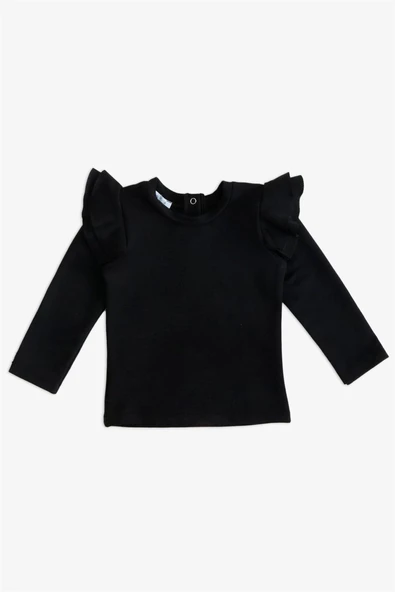 Kız Çocuk Siyah Omuz Fırfırlı Bisiklet Yaka Body Sweatshirt - 2