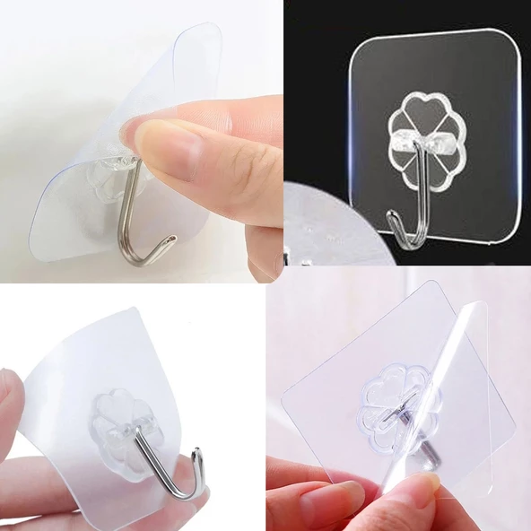 Nano Yeni Nesil Yapışkanlı Banyo Lavabo Mutfak Askısı Şeffaf Plastik Asma İz Bırakmaz 4 Adetli Set - 8