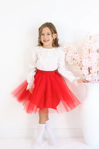 Kız Çocuk Kırmızı Tüllü Tütü Etek 23 Nisan 29 Ekim 10 Kasım Gösteri Kıyafeti Kostüm - Resim 7