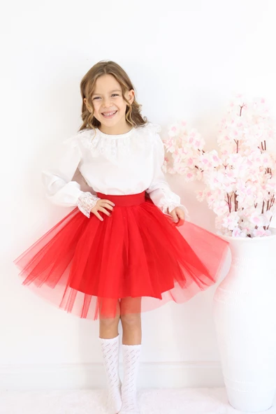 Kız Çocuk Kırmızı Tüllü Tütü Etek 23 Nisan 29 Ekim 10 Kasım Gösteri Kıyafeti Kostüm - Resim 5