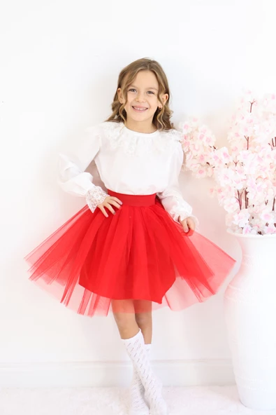 Kız Çocuk Kırmızı Tüllü Tütü Etek 23 Nisan 29 Ekim 10 Kasım Gösteri Kıyafeti Kostüm - Resim 6