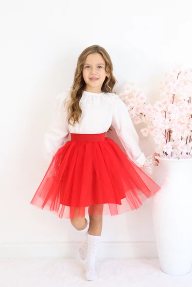 Kız Çocuk Kırmızı Tüllü Tütü Etek 23 Nisan 29 Ekim 10 Kasım Gösteri Kıyafeti Kostüm - Resim 2
