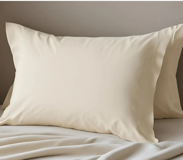 2 Adet Ekru Renk Pamuklu Yastık Kılıfı Kapaklı (50x70) - 2