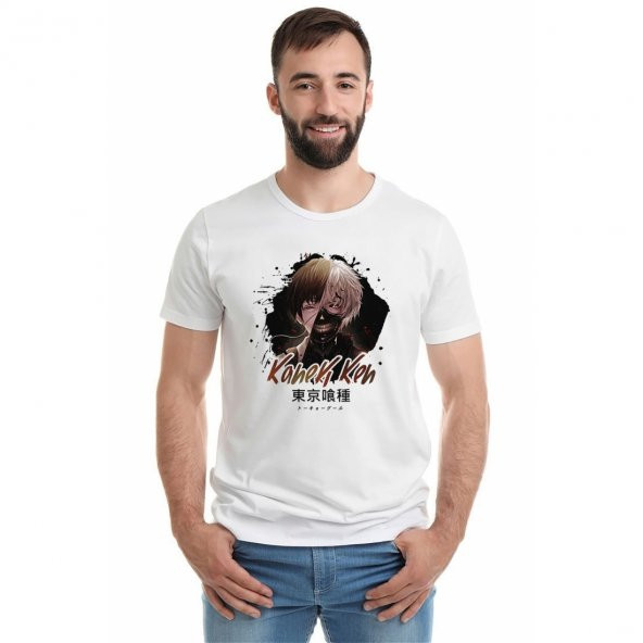 Anime Tokyo Ghoul Kaneki Manga Baskılı Beyaz Erkek Örme Tshirt - 1