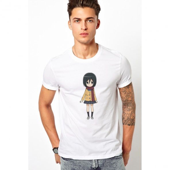 Anime Attack On Titan Baskılı Beyaz Erkek Örme Tshirt - 1