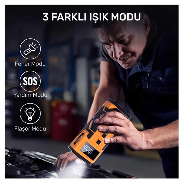 NPO A5577 Kablolu/Kablosuz 8000mAh Şarjlı Taşınabilir Araç Akü Takviyeli, Powerbank Destekli Reflektör Ledli 5in1 Oto Hava Pompası - 4