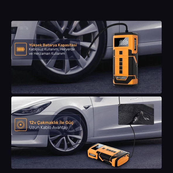 NPO A5577 Kablolu/Kablosuz 8000mAh Şarjlı Taşınabilir Araç Akü Takviyeli, Powerbank Destekli Reflektör Ledli 5in1 Oto Hava Pompası - 2