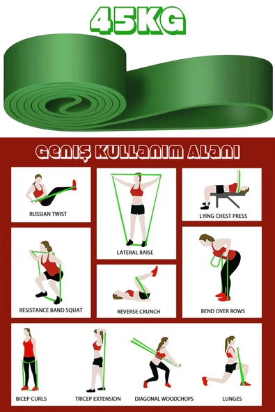 45 KG Direnç Bandı Kas Geliştirme Lastiği Fitness Pilates Cross Training Bant Yeşil - Ultra Sert - 6