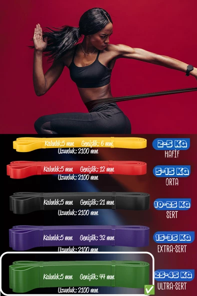 45 KG Direnç Bandı Kas Geliştirme Lastiği Fitness Pilates Cross Training Bant Yeşil - Ultra Sert - 5