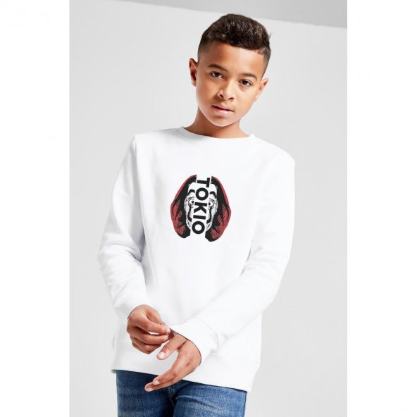La Case De Papel Tokyo Tokio Baskılı Unisex Çocuk Beyaz Sweatshirt