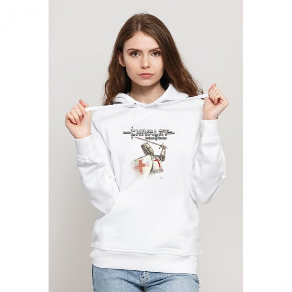 Chivalry 3 Baskılı Beyaz Kadın Örme Kapşonlu Sweatshirt Uzun kol