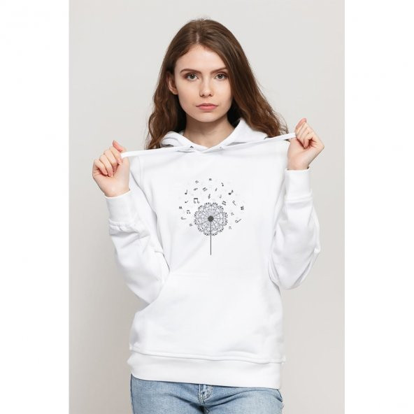 Silhouette Music a Dandelion Photographic Baskılı Beyaz Kadın Örme Kapşonlu Sweatshirt Uzun kol - 1