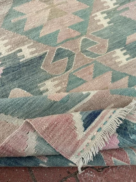 94x247 cm Eski El Dokuma Yeşil Renkli Yolluk Geometrik Desenli Kilim - 4